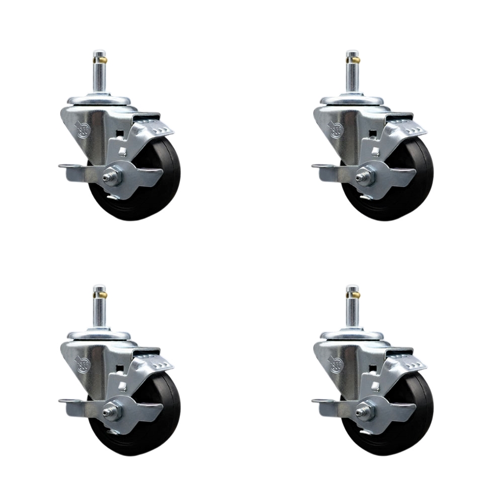 Soft Rubber Swivel Grip Ring Stem Caster Set of 4 w/3" x 1.25" Black Wheels and 7/16" Stems - Includes 4 with Top Lock Brakes - 700 lbs Total Capacity - Service Caster Brand — photo 1