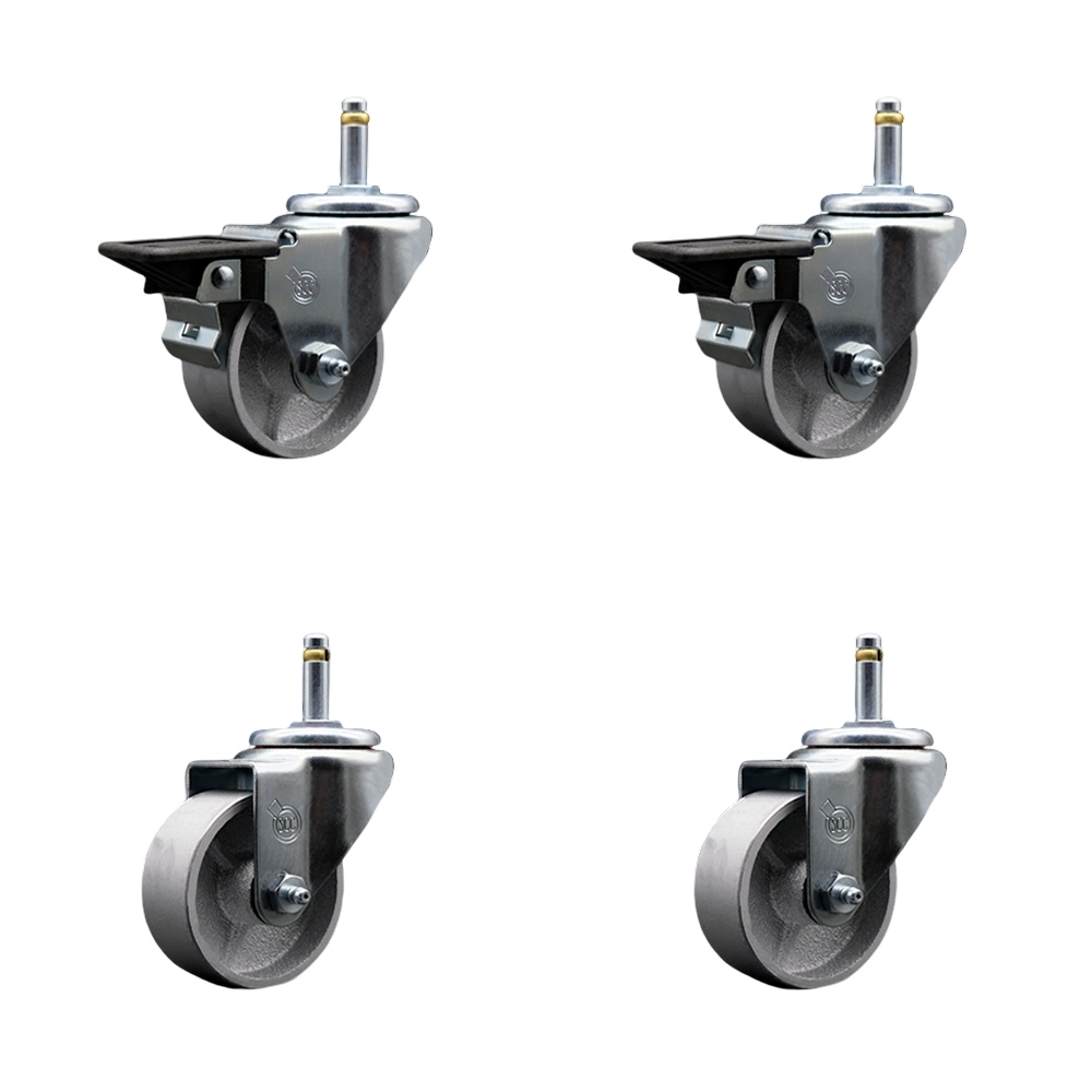 Semi Steel Cast Iron Swivel Grip Ring Stem Caster w/Roller Bearings Set of 4 - 3" x 1.5" Silver Wheels and 7/16" Stems-Includes 2 with Posi Locking Brake-1200 lbs Total Capacity - Service Caster Brand — photo 1