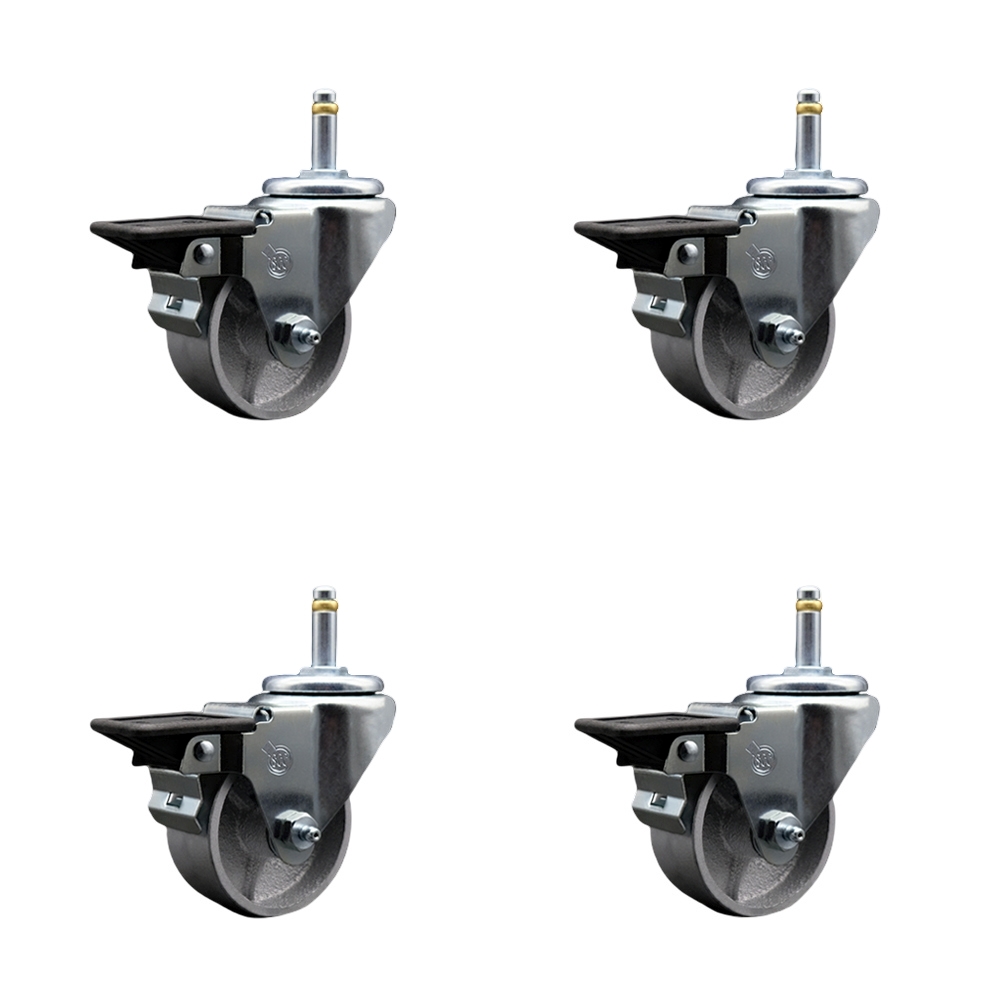 Semi Steel Cast Iron Swivel Grip Ring Stem Caster w/Roller Bearings Set of 4 w/3" x 1.5" Silver Wheels and 7/16" Stems - Includes 4 with Posi Lock Brakes-1200 lbs Total Capacity - Service Caster Brand — photo 1