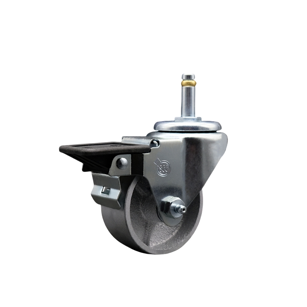 Semi Steel Cast Iron Swivel Grip Ring Stem Caster - 3" x 1.25" Silver Wheel and 7/16" Stem & Posi Locking Brake - 300 lbs Capacity/Caster - Service Caster Brand — photo 1