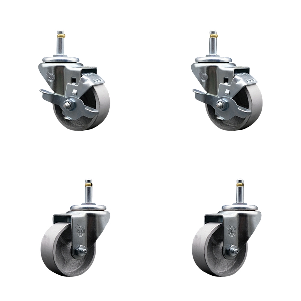 Semi Steel Cast Iron Swivel Grip Ring Stem Caster w/Roller Bearings Set of 4 - 3" x 1.5" Silver Wheels and 7/16" Stems -Includes 2 with Top Locking Brake-1200 lbs Total Capacity - Service Caster Brand — photo 1