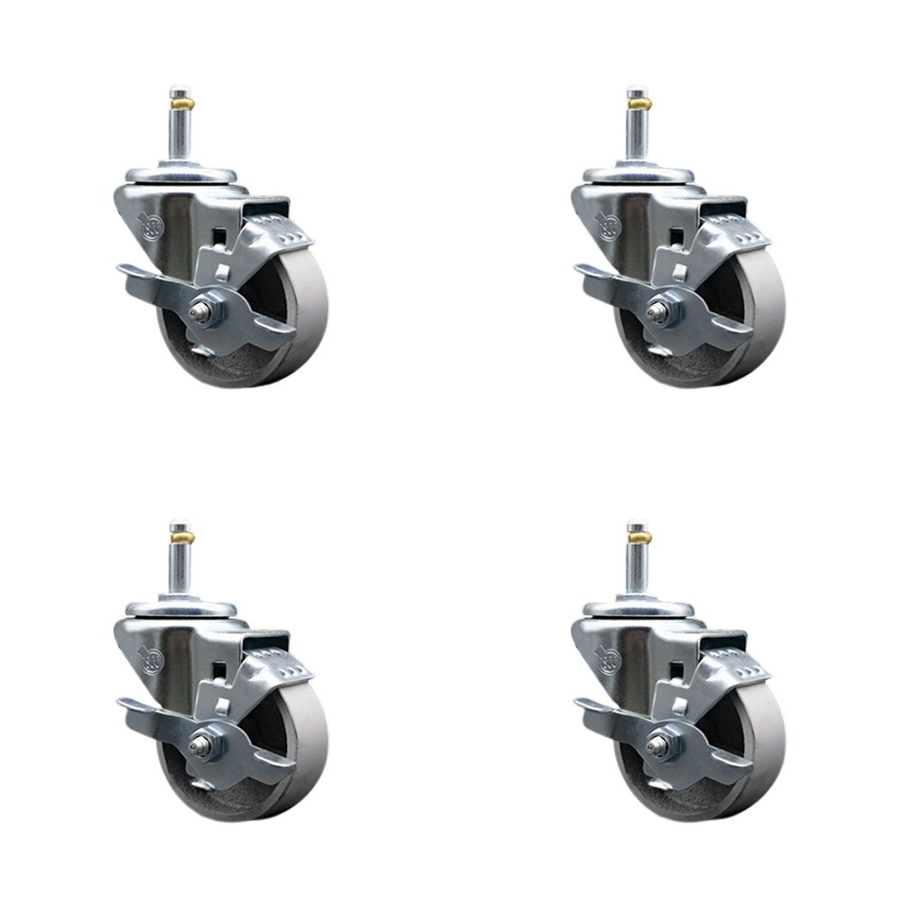 Semi Steel Cast Iron Swivel Grip Ring Stem Caster w/Roller Bearings Set of 4 w/3" x 1.5" Silver Wheels and 7/16" Stems - Includes 4 with Top Lock Brakes -1200 lbs Total Capacity - Service Caster Brand — photo 1