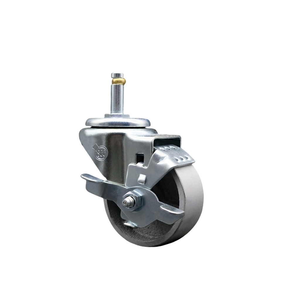 Semi Steel Cast Iron Swivel Grip Ring Stem Caster w/Roller Bearing - 3" x 1.5" Silver Wheel and 7/16" Stem & Top Locking Brake - 300 lbs Capacity/Caster - Service Caster Brand — photo 1
