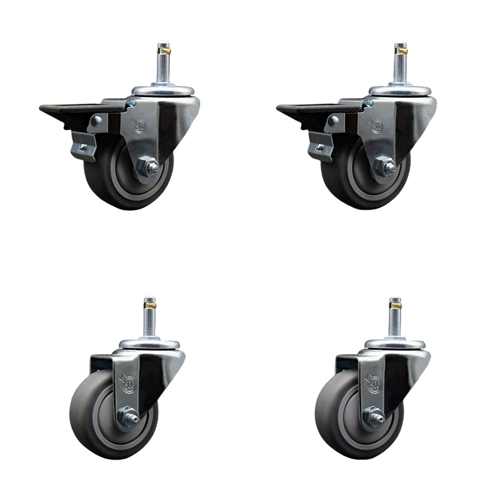 Thermoplastic Rubber Swivel Grip Ring Stem Caster Set of 4 - 3" x 1.25" Gray Wheels and 7/16" Stems - Includes 2 with Posi Locking Brake - 840 lbs Total Capacity - Service Caster Brand — photo 1