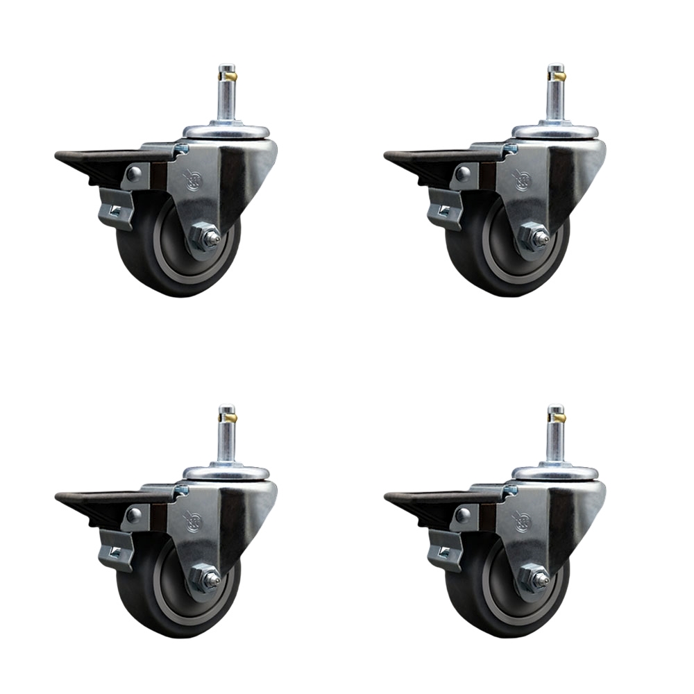 Thermoplastic Rubber Swivel Grip Ring Stem Caster Set of 4 w/3" x 1.25" Gray Wheels and 7/16" Stems - Includes 4 with Posi Lock Brakes - 840 lbs Total Capacity - Service Caster Brand — photo 1
