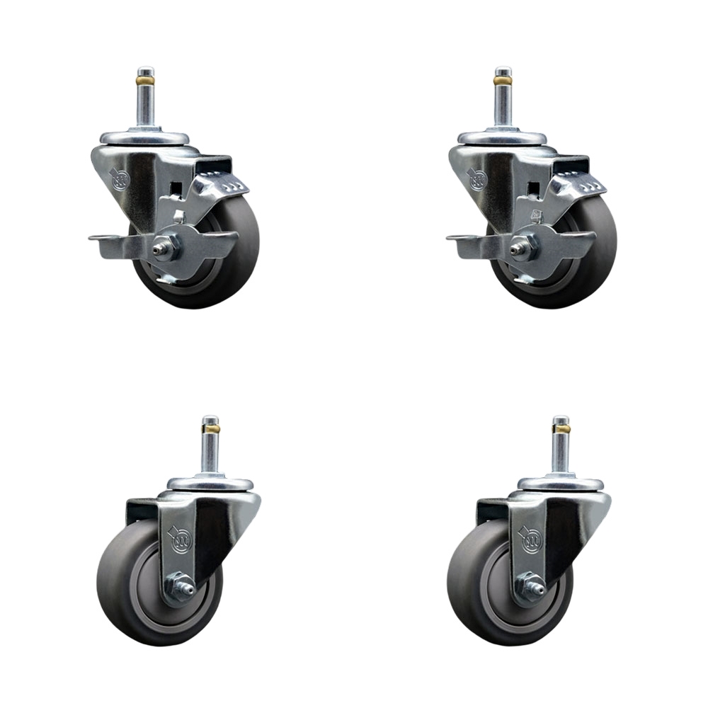 Thermoplastic Rubber Swivel Grip Ring Stem Caster Set of 4 - 3" x 1.25" Gray Wheels and 7/16" Stems - Includes 2 with Top Locking Brake - 840 lbs Total Capacity - Service Caster Brand — photo 1