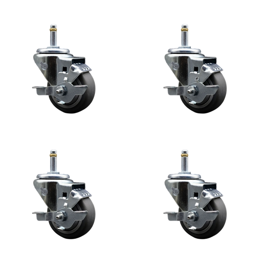 Thermoplastic Rubber Swivel Grip Ring Stem Caster Set of 4 w/3" x 1.25" Gray Wheels and 7/16" Stems - Includes 4 with Top Lock Brakes - 840 lbs Total Capacity - Service Caster Brand — photo 1
