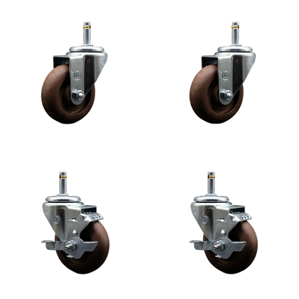 High Temp Glass Filled Nylon Swivel Grip Ring Stem Caster Set of 4 w/3.5" x 1.25" Brown Wheels and 7/16" Stems - Includes 2 with Top Locking Brake - 1400 lbs Total Capacity - Service Caster Brand — photo 1