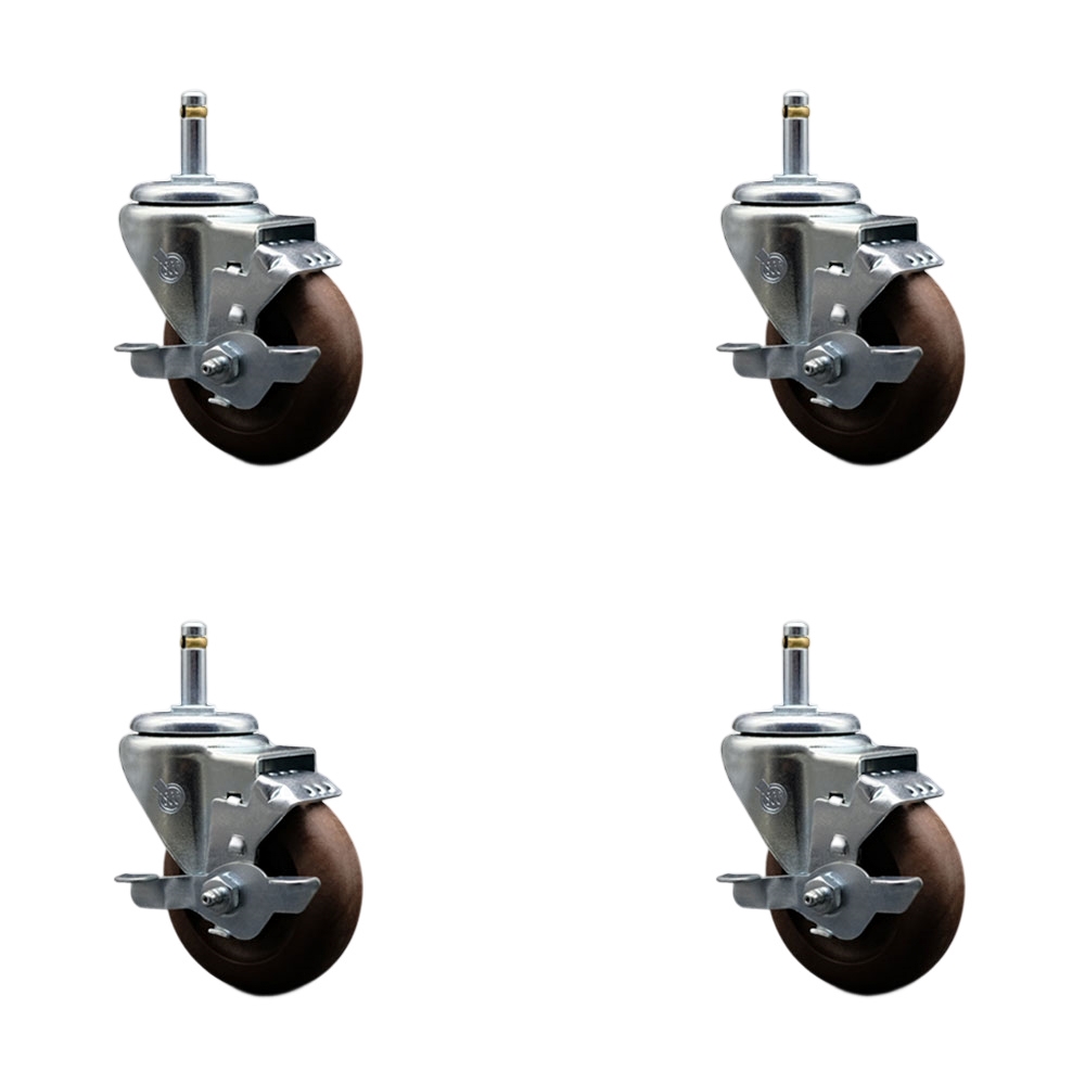 High Temp Glass Filled Nylon Swivel Grip Ring Stem Caster Set of 4 w/3.5" x 1.25" Brown Wheels and 7/16" Stems - Includes 4 with Top Lock Brakes - 1400 lbs Total Capacity - Service Caster Brand — photo 1