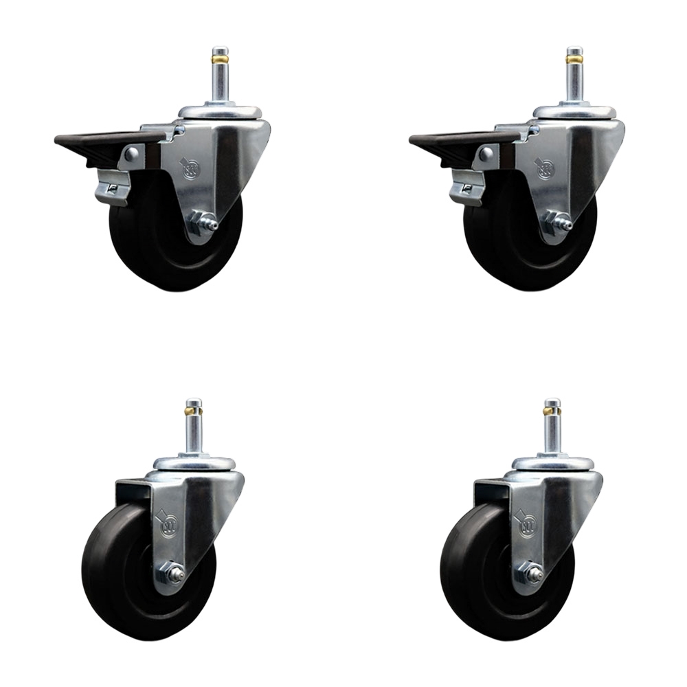 Hard Rubber Swivel Grip Ring Stem Caster Set of 4 w/3.5" x 1.25" Black Wheels and 7/16" Stems - Includes 2 with Posi Locking Brake - 1140 lbs Total Capacity - Service Caster Brand — photo 1