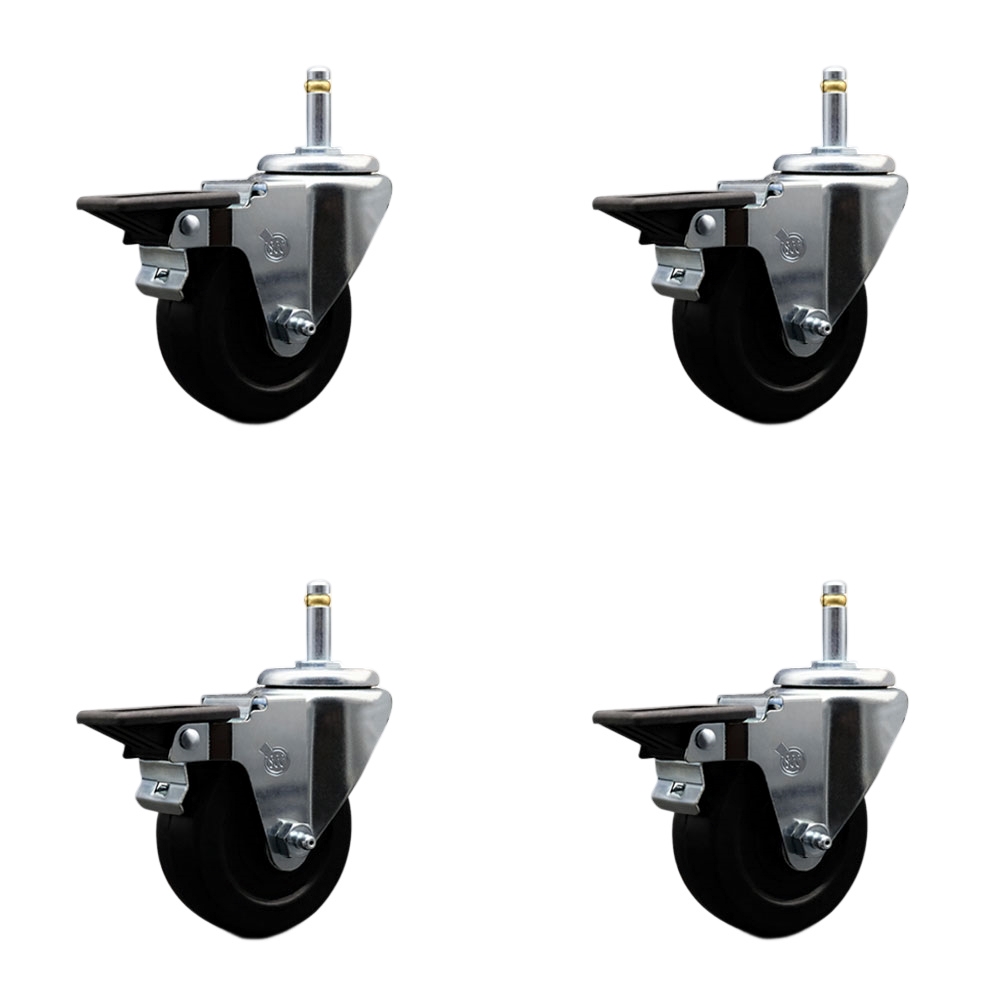 Hard Rubber Swivel Grip Ring Stem Caster Set of 4 w/3.5" x 1.25" Black Wheels and 7/16" Stems - Includes 4 with Posi Lock Brakes - 1140 lbs Total Capacity - Service Caster Brand — photo 1