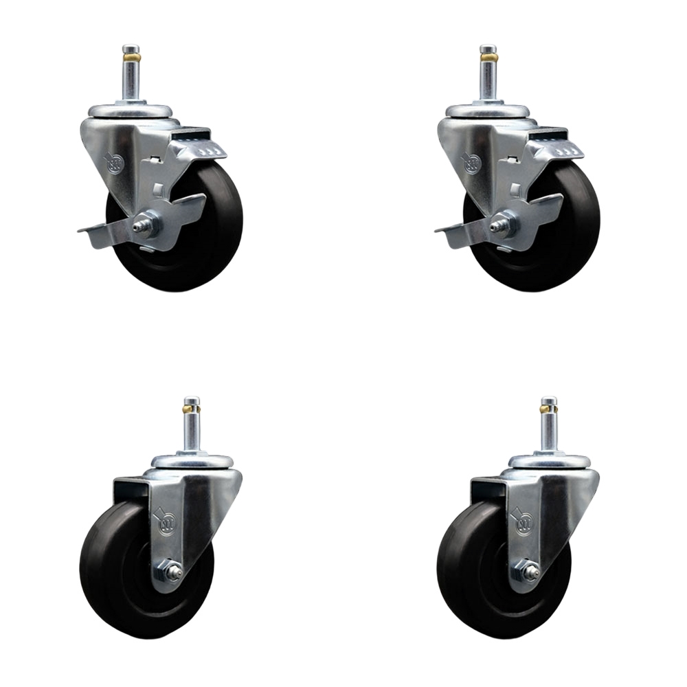 Hard Rubber Swivel Grip Ring Stem Caster Set of 4 w/3.5" x 1.25" Black Wheels and 7/16" Stems - Includes 2 with Top Locking Brake - 1140 lbs Total Capacity - Service Caster Brand — photo 1