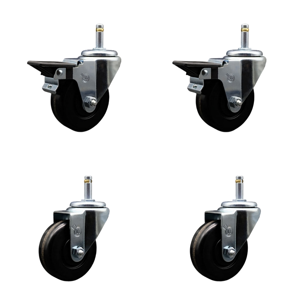 Phenolic Swivel Grip Ring Stem Caster Set of 4 w/Roller Bearing - 3.5" x 1.25" Black Wheels and 7/16" Stems - Includes 2 with Posi Locking Brake - 1200 lbs Total Capacity - Service Caster Brand — photo 1