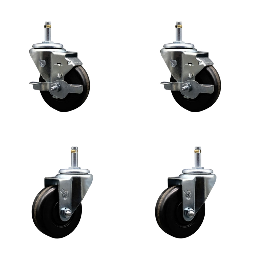 Phenolic Swivel Grip Ring Stem Caster Set of 4 w/Roller Bearing - 3.5" x 1.25" Black Wheels and 7/16" Stems - Includes 2 with Top Locking Brake - 1200 lbs Total Capacity - Service Caster Brand — photo 1