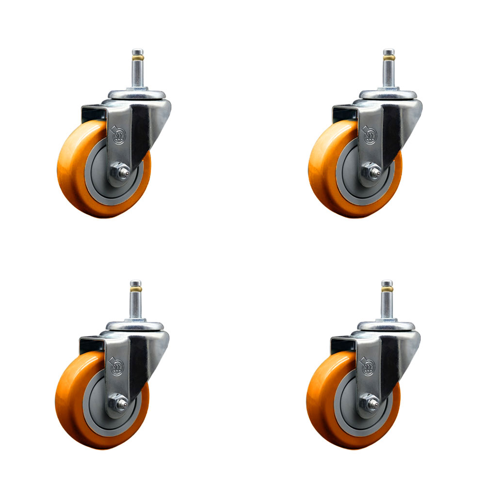 Polyurethane Swivel Grip Ring Stem Caster Set of 4 w/3.5" x 1.25" Orange Wheels and 7/16" Stems - Includes 4 Swivel - 1200 lbs Total Capacity - Service Caster Brand — photo 1