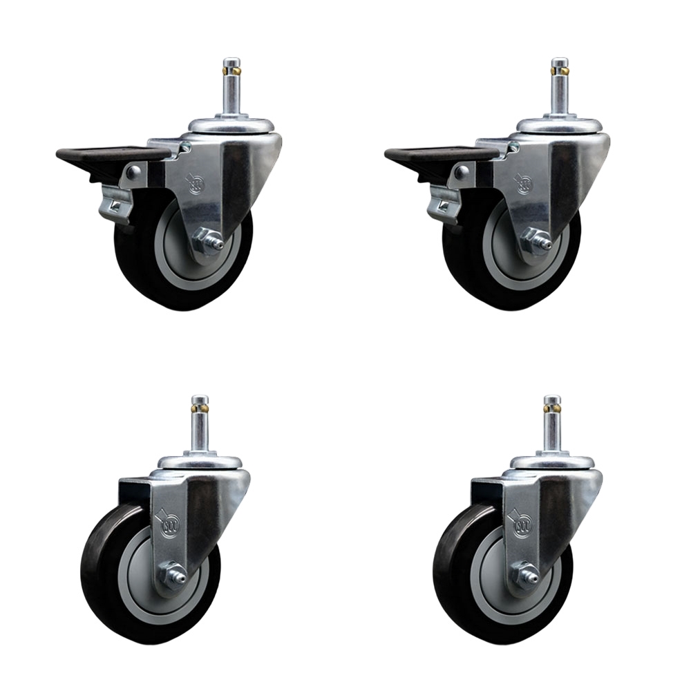 Polyurethane Swivel Grip Ring Stem Caster Set of 4 w/3.5" x 1.25"  Black Wheels and 7/16" Stems - Includes 2 with Posi Locking Brake - 1200 lbs Total Capacity - Service Caster Brand — photo 1