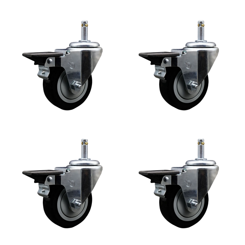 Polyurethane Swivel Grip Ring Stem Caster Set of 4 w/3.5" x 1.25" Black Wheels and 7/16" Stems - Includes 4 with Posi Lock Brakes - 1200 lbs Total Capacity - Service Caster Brand — photo 1