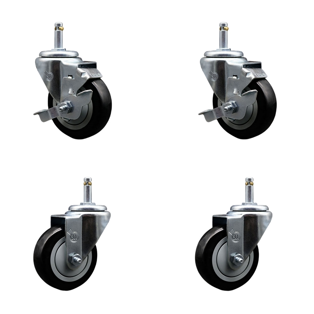Polyurethane Swivel Grip Ring Stem Caster Set of 4 w/3.5" x 1.25"  Black Wheels and 7/16" Stems - Includes 2 with Top Locking Brake - 1200 lbs Total Capacity - Service Caster Brand — photo 1