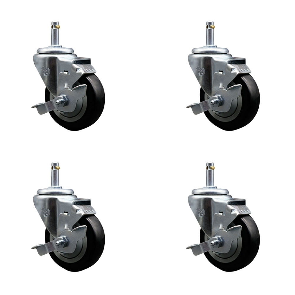 Polyurethane Swivel Grip Ring Stem Caster Set of 4 w/3.5" x 1.25" Black Wheels and 7/16" Stems - Includes 4 with Top Lock Brakes - 1200 lbs Total Capacity - Service Caster Brand — photo 1