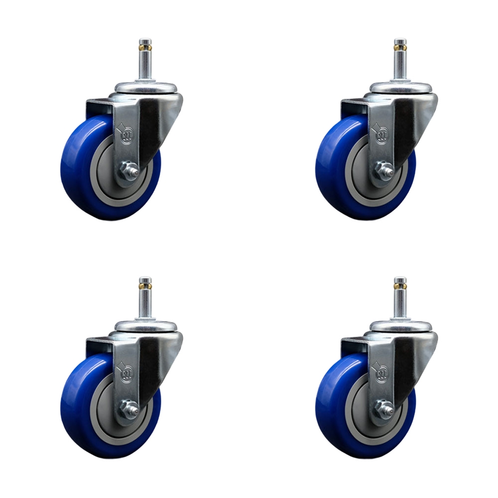 Polyurethane Swivel Grip Ring Stem Caster Set of 4 w/3.5" x 1.25" Blue Wheels and 7/16" Stems - Includes 4 Swivel - 1200 lbs Total Capacity - Service Caster Brand — photo 1