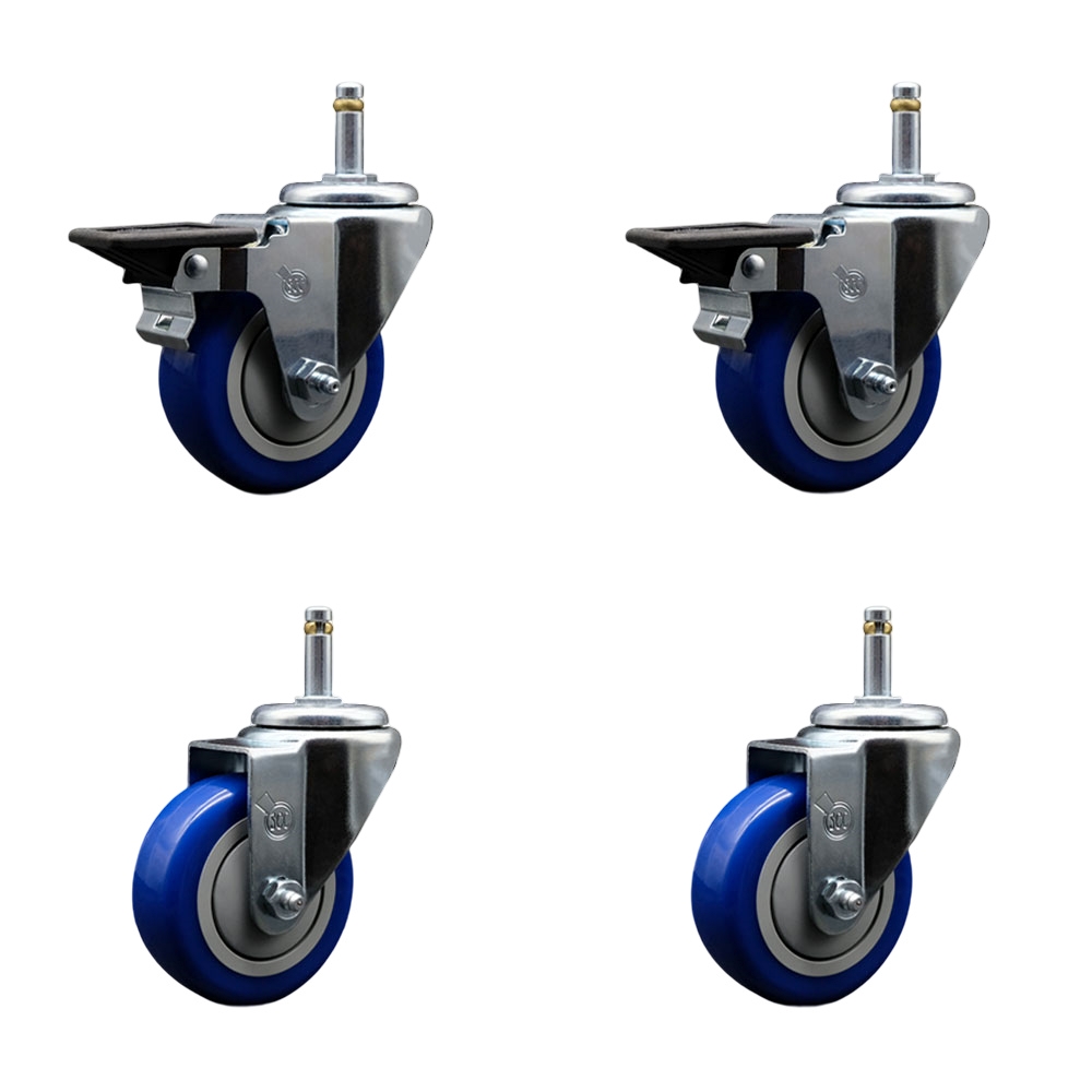 Polyurethane Swivel Grip Ring Stem Caster Set of 4 w/3.5" x 1.25"  Blue Wheels and 7/16" Stems - Includes 2 with Posi Locking Brake - 1200 lbs Total Capacity - Service Caster Brand — photo 1