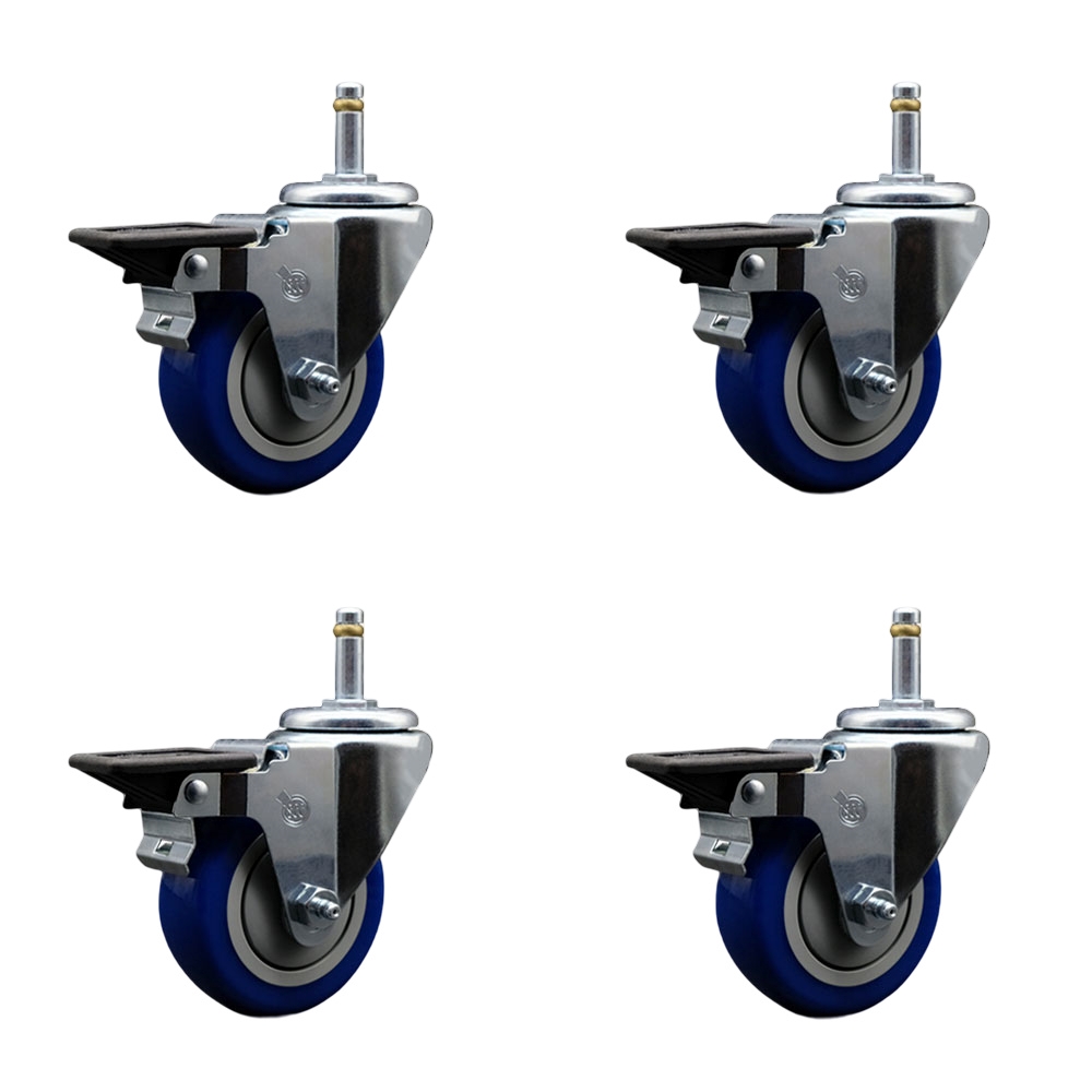 Polyurethane Swivel Grip Ring Stem Caster Set of 4 w/3.5" x 1.25" Blue Wheels and 7/16" Stems - Includes 4 with Posi Lock Brakes - 1200 lbs Total Capacity - Service Caster Brand — photo 1