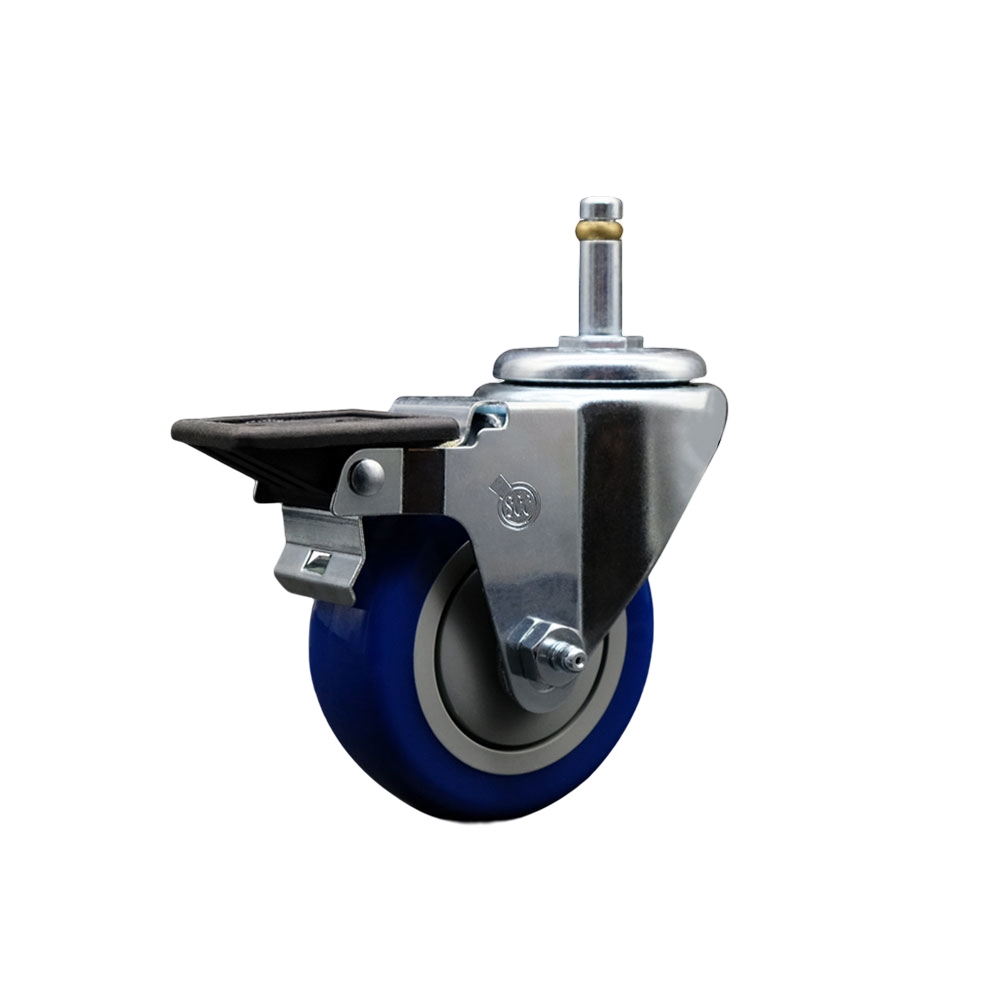 Polyurethane Swivel Grip Ring Stem Caster w/3.5" x 1.25"  Blue Wheel and 7/16" Stem & Posi Locking Brake - 300 lbs Capacity/Caster - Service Caster Brand — photo 1