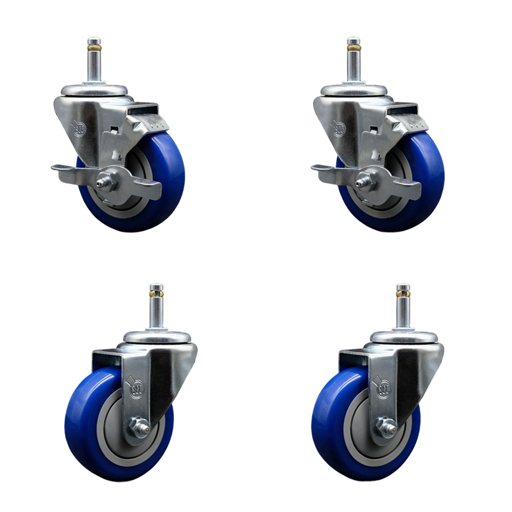 Polyurethane Swivel Grip Ring Stem Caster Set of 4 w/3.5" x 1.25"  Blue Wheels and 7/16" Stems - Includes 2 with Top Locking Brake - 1200 lbs Total Capacity - Service Caster Brand — photo 1