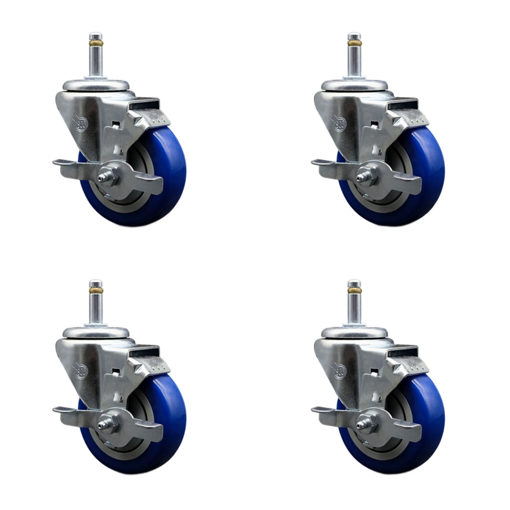 Polyurethane Swivel Grip Ring Stem Caster Set of 4 w/3.5" x 1.25" Blue Wheels and 7/16" Stems - Includes 4 with Top Lock Brakes - 1200 lbs Total Capacity - Service Caster Brand — photo 1