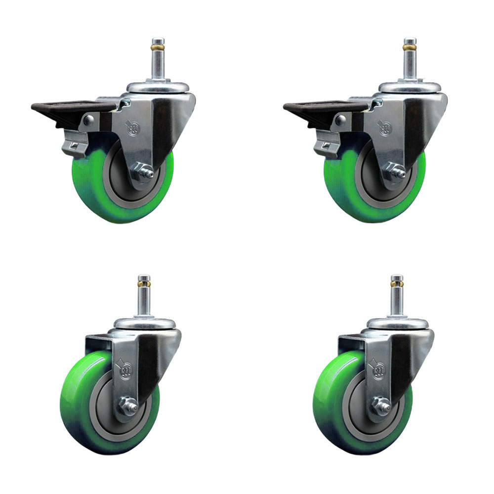 Polyurethane Swivel Grip Ring Stem Caster Set of 4 w/3.5" x 1.25"  Green Wheels and 7/16" Stems - Includes 2 with Posi Locking Brake - 1200 lbs Total Capacity - Service Caster Brand — photo 1