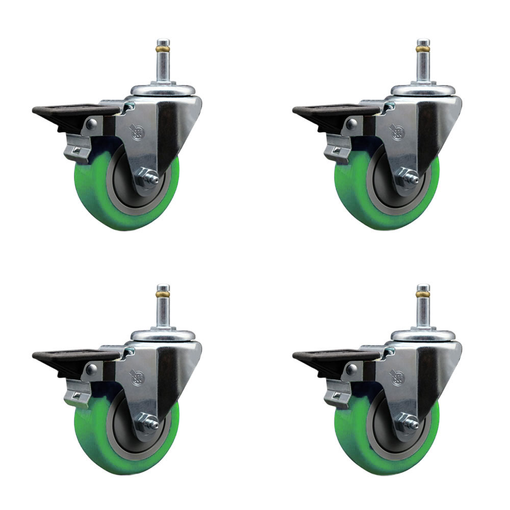 Polyurethane Swivel Grip Ring Stem Caster Set of 4 w/3.5" x 1.25" Green Wheels and 7/16" Stems - Includes 4 with Posi Lock Brakes - 1200 lbs Total Capacity - Service Caster Brand — photo 1