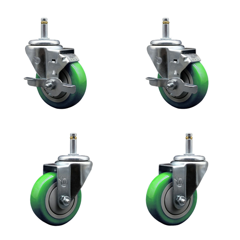 Polyurethane Swivel Grip Ring Stem Caster Set of 4 w/3.5" x 1.25"  Green Wheels and 7/16" Stems - Includes 2 with Top Locking Brake - 1200 lbs Total Capacity - Service Caster Brand — photo 1