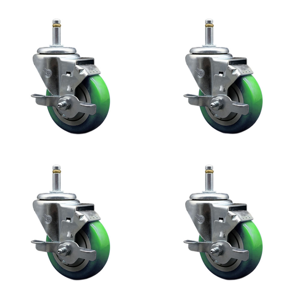 Polyurethane Swivel Grip Ring Stem Caster Set of 4 w/3.5" x 1.25" Green Wheels and 7/16" Stems - Includes 4 with Top Lock Brakes - 1200 lbs Total Capacity - Service Caster Brand — photo 1