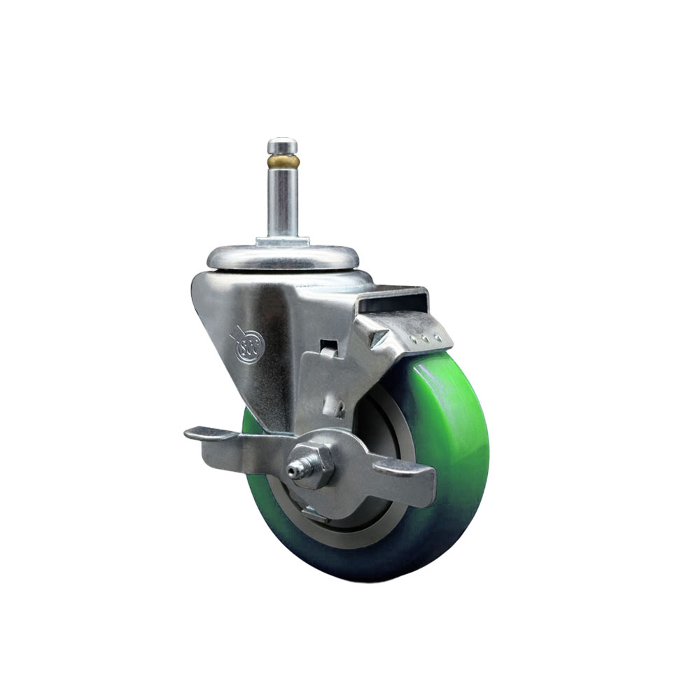 Polyurethane Swivel Grip Ring Stem Caster w/3.5" x 1.25"  Green Wheel and 7/16" Stem & Top Locking Brake - 300 lbs Capacity/Caster - Service Caster Brand — photo 1