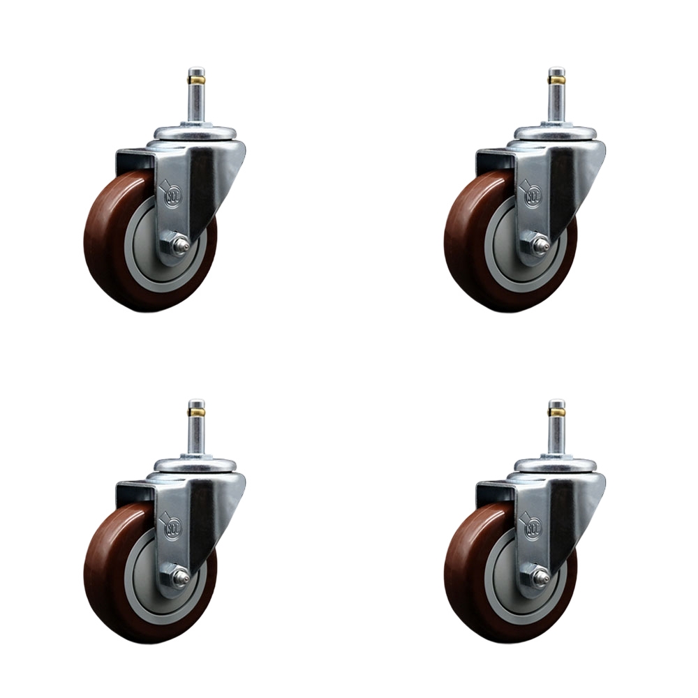 Polyurethane Swivel Grip Ring Stem Caster Set of 4 w/3.5" x 1.25" Maroon Wheels and 7/16" Stems - Includes 4 Swivel - 1200 lbs Total Capacity - Service Caster Brand — photo 1