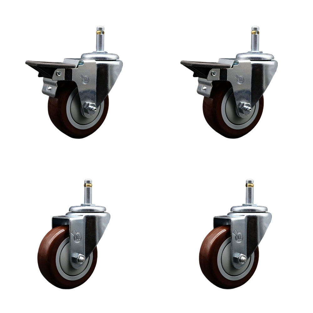 Polyurethane Swivel Grip Ring Stem Caster Set of 4 w/3.5" x 1.25"  Maroon Wheels and 7/16" Stems - Includes 2 with Posi Locking Brake - 1200 lbs Total Capacity - Service Caster Brand — photo 1