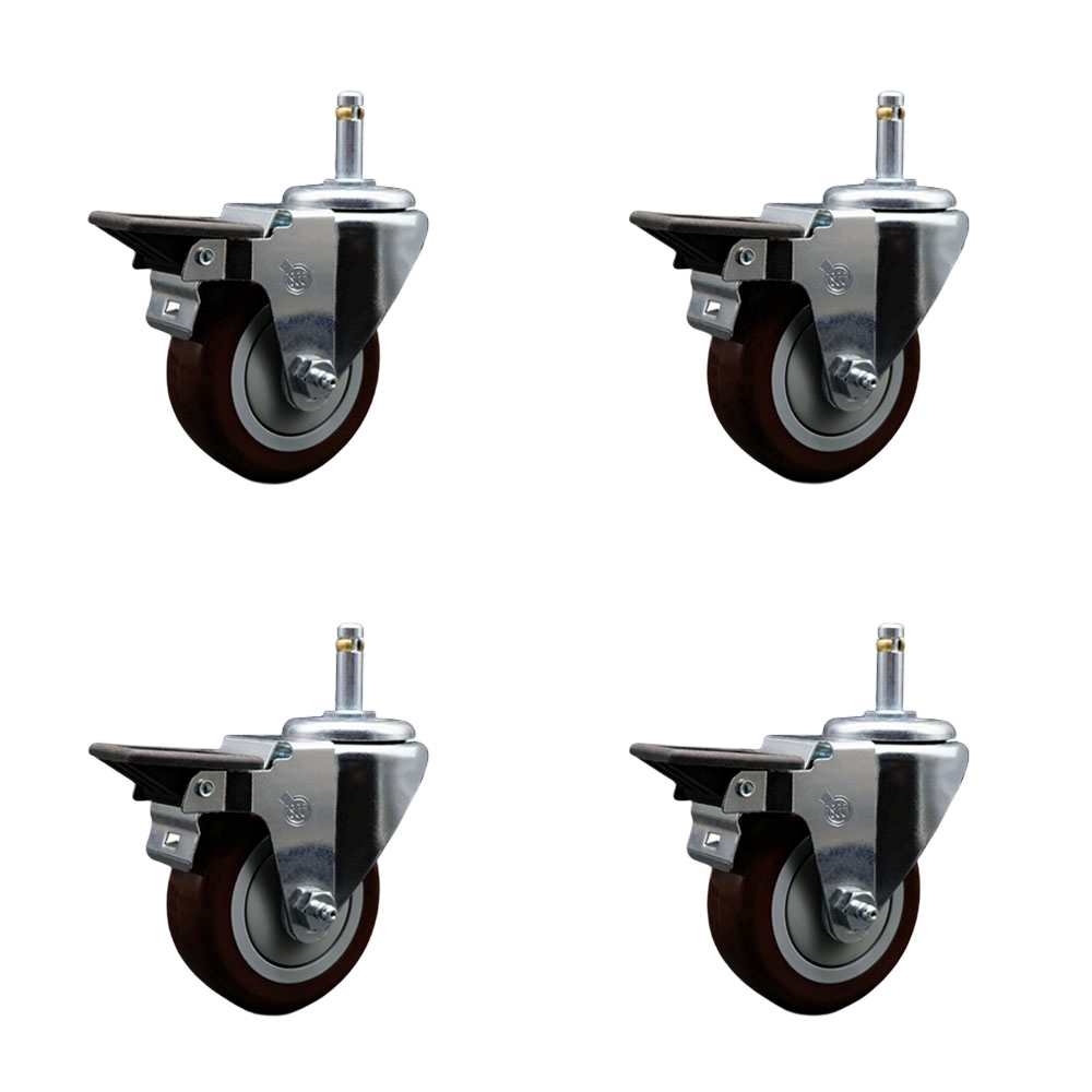 Polyurethane Swivel Grip Ring Stem Caster Set of 4 w/3.5" x 1.25" Maroon Wheels and 7/16" Stems - Includes 4 with Posi Lock Brakes - 1200 lbs Total Capacity - Service Caster Brand — photo 1