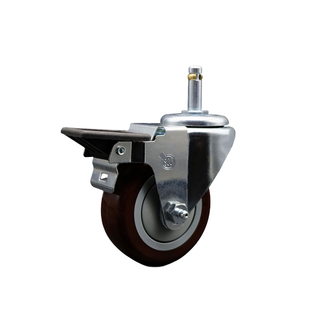 Polyurethane Swivel Grip Ring Stem Caster w/3.5" x 1.25"  Maroon Wheel and 7/16" Stem & Posi Locking Brake - 300 lbs Capacity/Caster - Service Caster Brand — photo 1