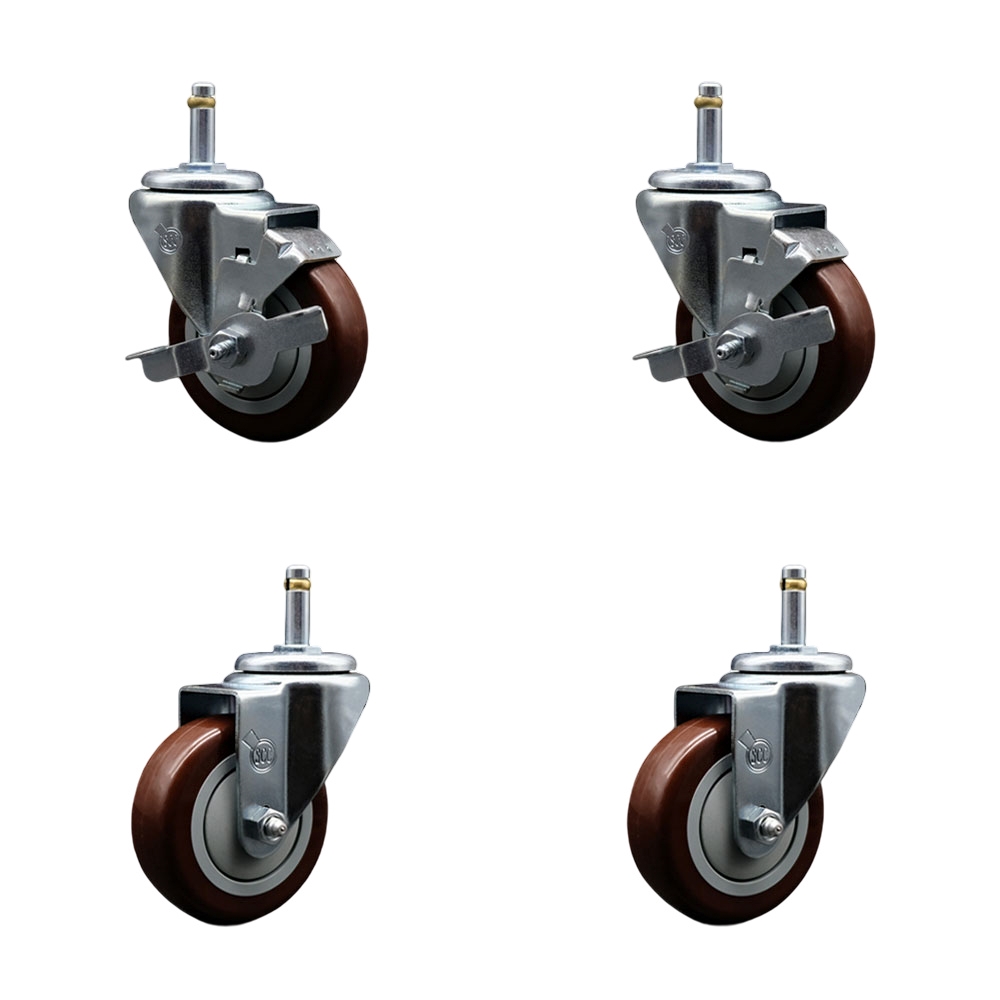 Polyurethane Swivel Grip Ring Stem Caster Set of 4 w/3.5" x 1.25"  Maroon Wheels and 7/16" Stems - Includes 2 with Top Locking Brake - 1200 lbs Total Capacity - Service Caster Brand — photo 1