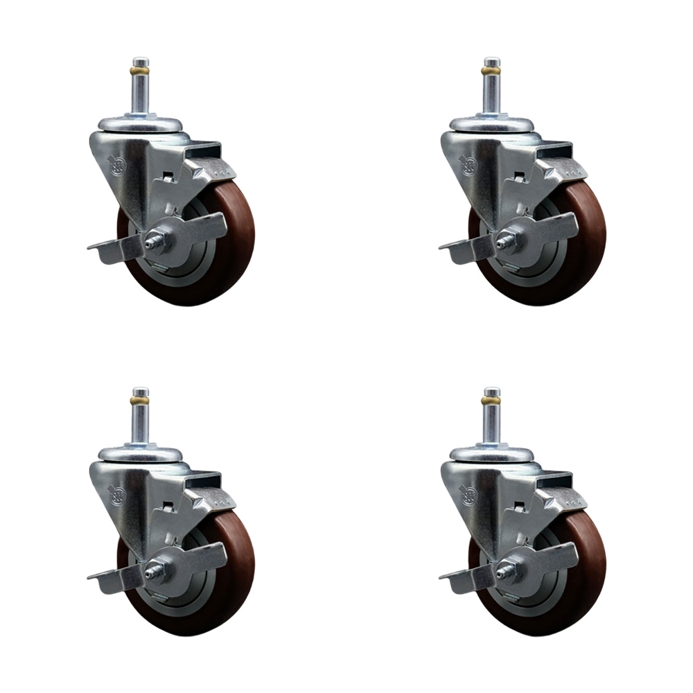 Polyurethane Swivel Grip Ring Stem Caster Set of 4 w/3.5" x 1.25" Maroon Wheels and 7/16" Stems - Includes 4 with Top Lock Brakes - 1200 lbs Total Capacity - Service Caster Brand — photo 1