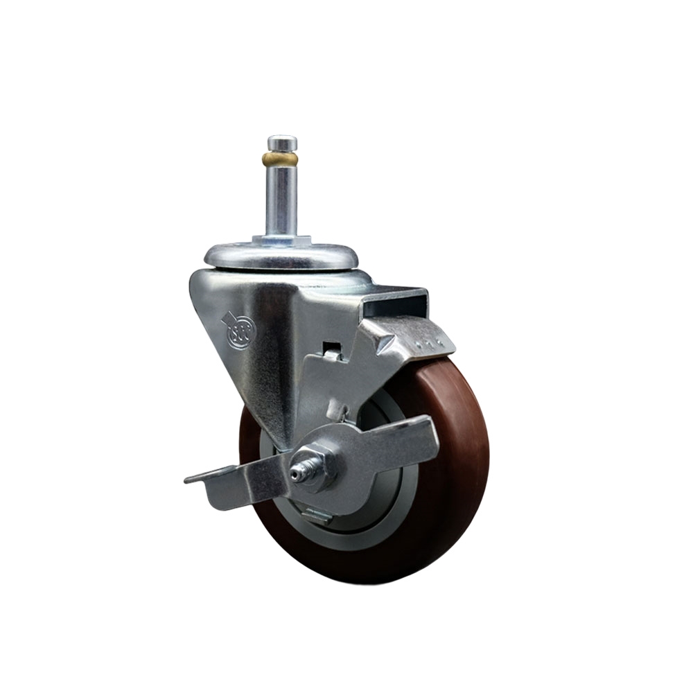 Polyurethane Swivel Grip Ring Stem Caster w/3.5" x 1.25"  Maroon Wheel and 7/16" Stem & Top Locking Brake - 300 lbs Capacity/Caster - Service Caster Brand — photo 1