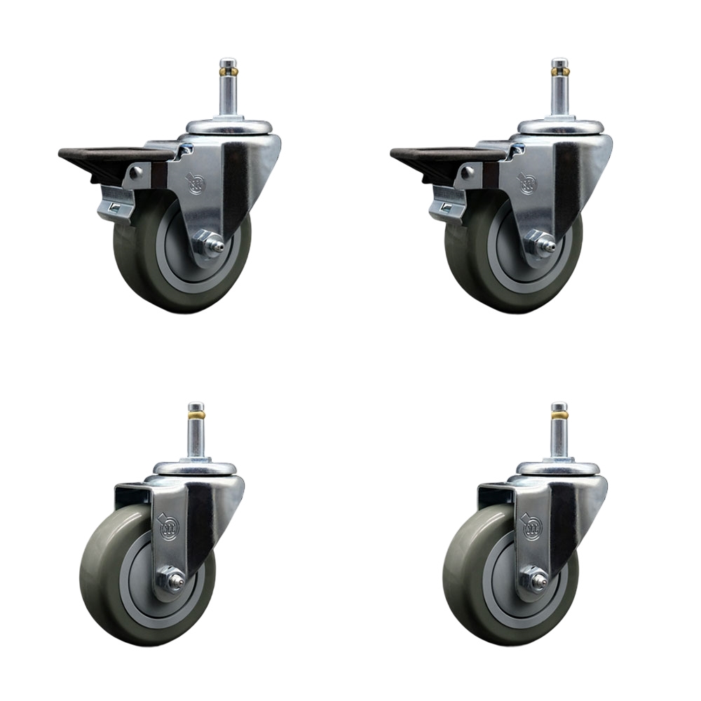 Polyurethane Swivel Grip Ring Stem Caster Set of 4 w/3.5" x 1.25"  Gray Wheels and 7/16" Stems - Includes 2 with Posi Locking Brake - 1200 lbs Total Capacity - Service Caster Brand — photo 1