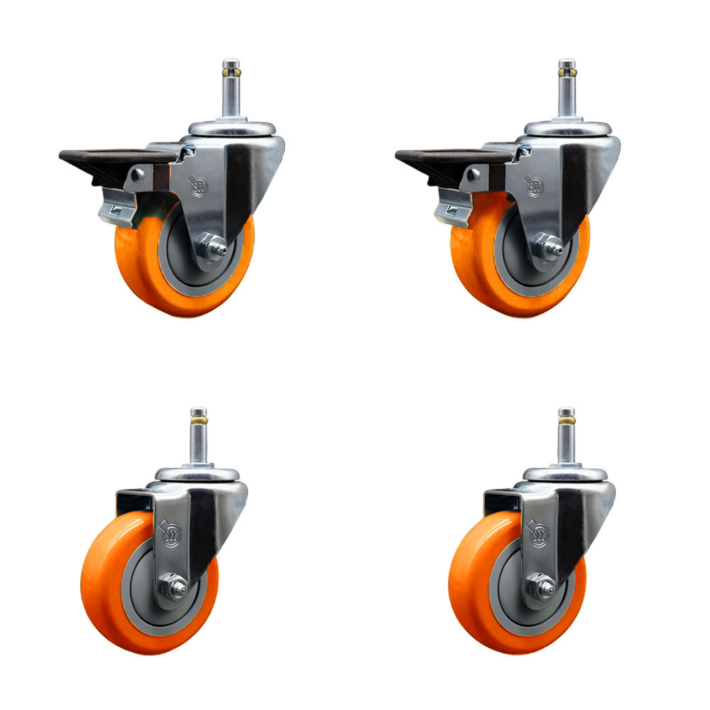 Polyurethane Swivel Grip Ring Stem Caster Set of 4 w/3.5" x 1.25"  Orange Wheels and 7/16" Stems - Includes 2 with Posi Locking Brake - 1200 lbs Total Capacity - Service Caster Brand — photo 1