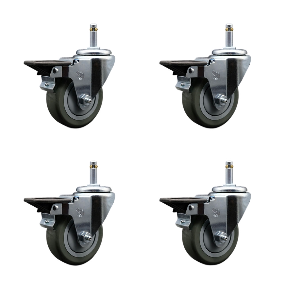 Polyurethane Swivel Grip Ring Stem Caster Set of 4 w/3.5" x 1.25" Gray Wheels and 7/16" Stems - Includes 4 with Posi Lock Brakes - 1200 lbs Total Capacity - Service Caster Brand — photo 1
