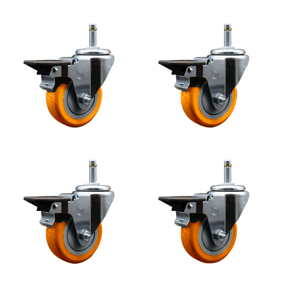 Polyurethane Swivel Grip Ring Stem Caster Set of 4 w/3.5" x 1.25" Orange Wheels and 7/16" Stems - Includes 4 with Posi Lock Brakes - 1200 lbs Total Capacity - Service Caster Brand — photo 1