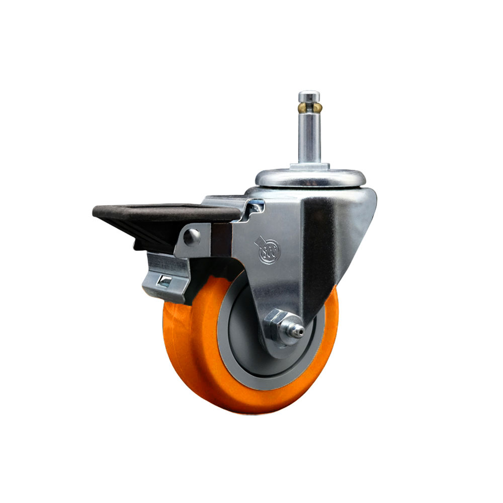 Polyurethane Swivel Grip Ring Stem Caster w/3.5" x 1.25"  Orange Wheel and 7/16" Stem & Posi Locking Brake - 300 lbs Capacity/Caster - Service Caster Brand — photo 1