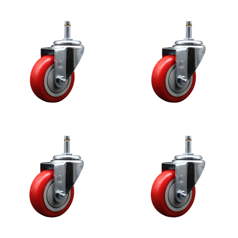 Polyurethane Swivel Grip Ring Stem Caster Set of 4 w/3.5" x 1.25" Red Wheels and 7/16" Stems - Includes 4 Swivel - 1200 lbs Total Capacity - Service Caster Brand — photo 1