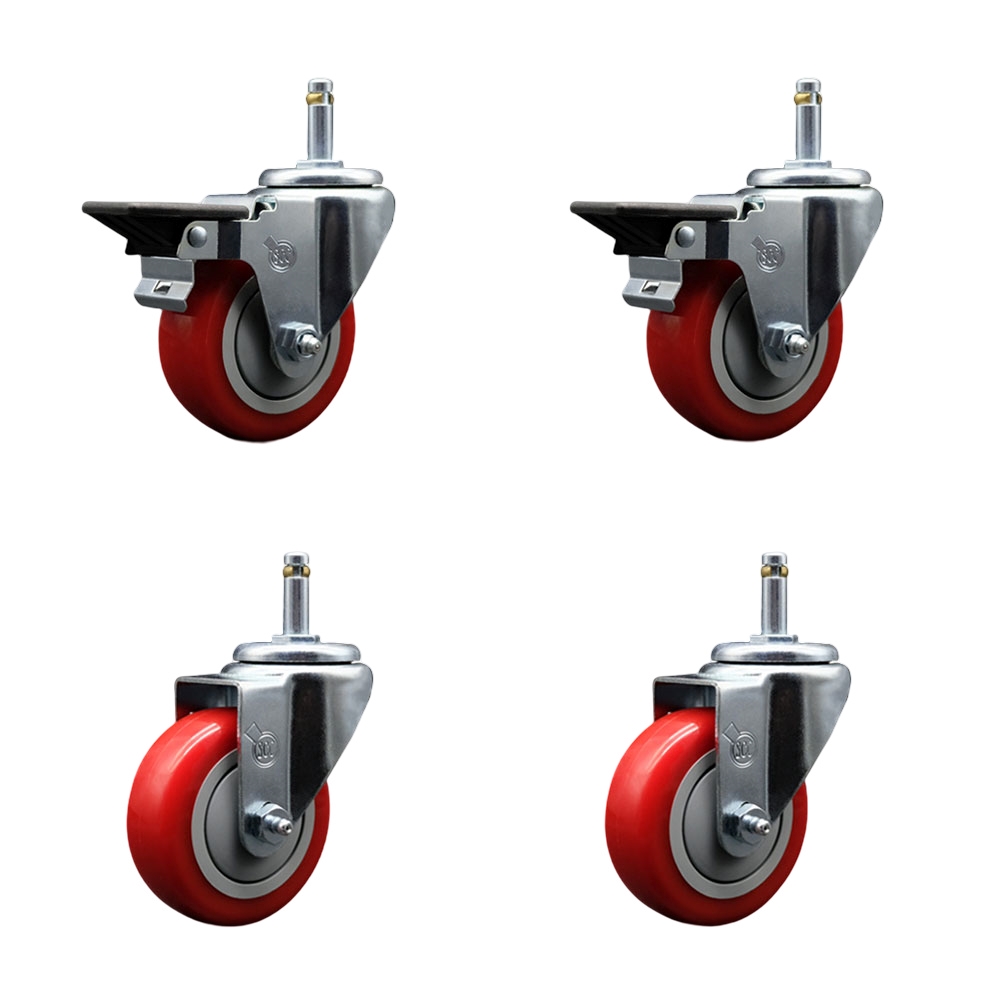Polyurethane Swivel Grip Ring Stem Caster Set of 4 w/3.5" x 1.25"  Red Wheels and 7/16" Stems - Includes 2 with Posi Locking Brake - 1200 lbs Total Capacity - Service Caster Brand — photo 1
