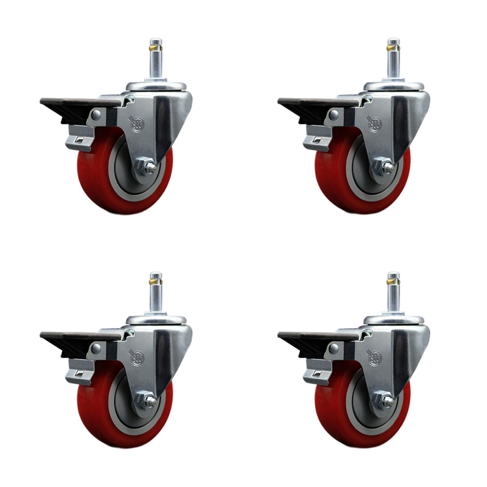 Polyurethane Swivel Grip Ring Stem Caster Set of 4 w/3.5" x 1.25" Red Wheels and 7/16" Stems - Includes 4 with Posi Lock Brakes - 1200 lbs Total Capacity - Service Caster Brand — photo 1