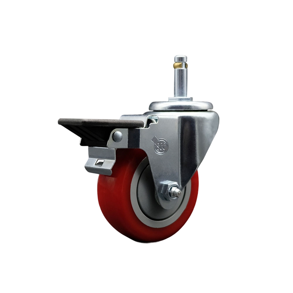 Polyurethane Swivel Grip Ring Stem Caster w/3.5" x 1.25"  Red Wheel and 7/16" Stem & Posi Locking Brake - 300 lbs Capacity/Caster - Service Caster Brand — photo 1